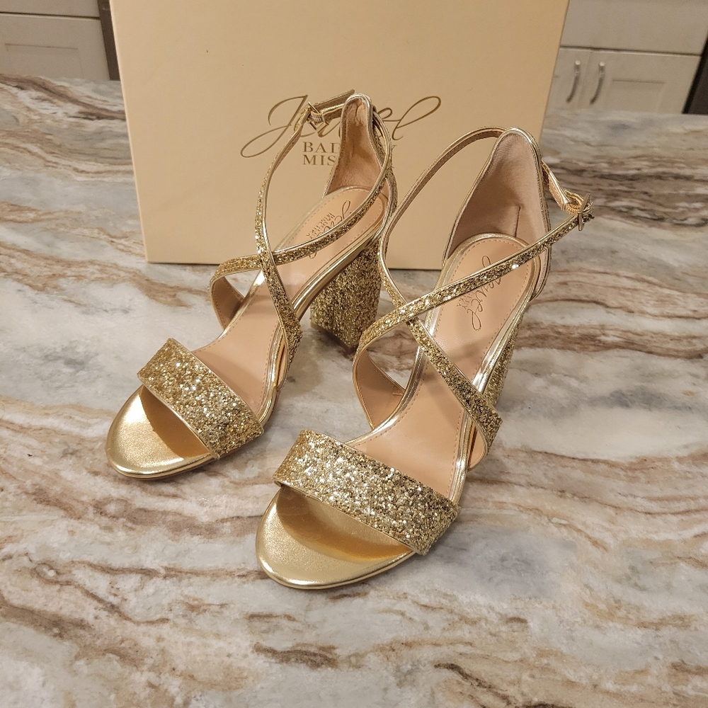 Jewel by Badgley Mischka Cook Block Heel Sandals, Womens 8.5, Gold, NWT
